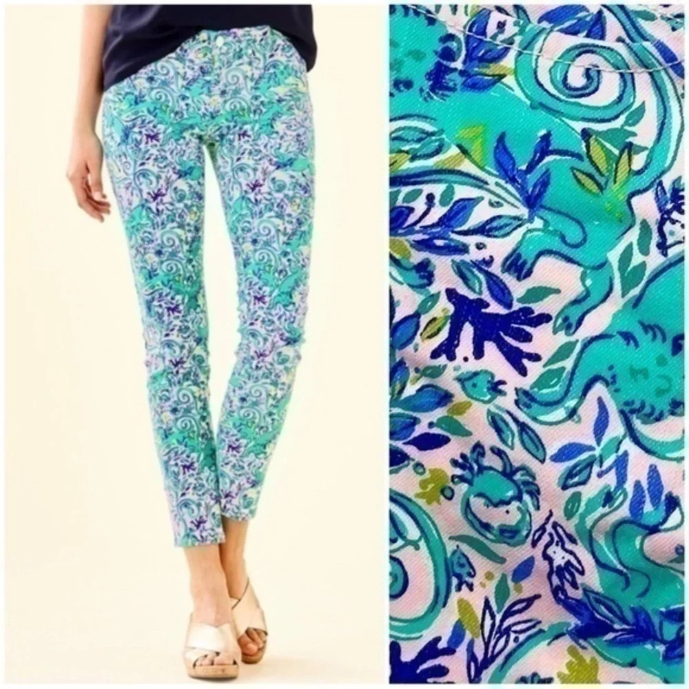 Lilly Pulitzer South Ocean Skinny Crop Pants in Monkey Sea Print Melon Fig Teal